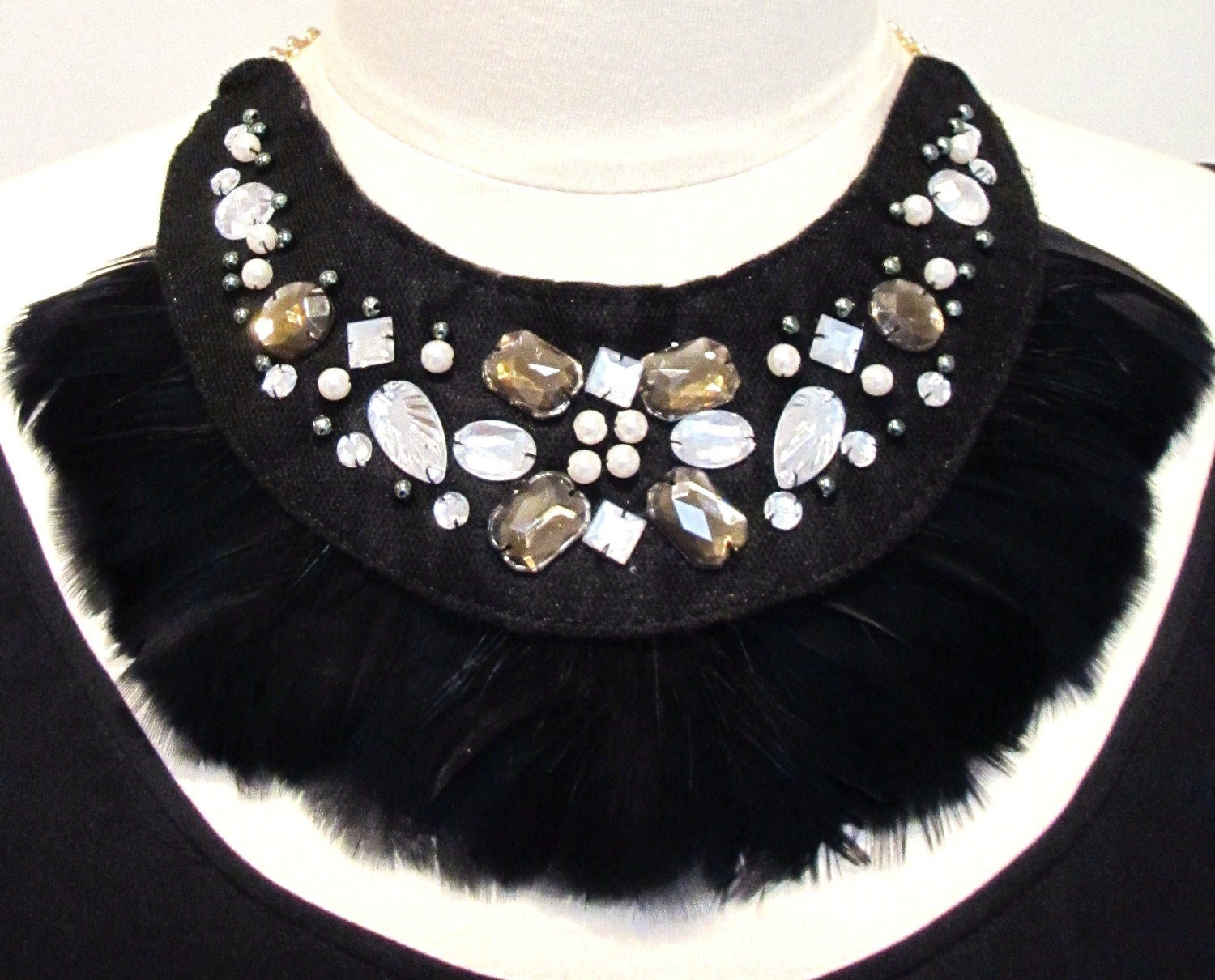 Statement feather necklace jeweled bib tribal necklace black and silver beaded necklace-Tribal Warrior Necklace