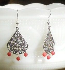 Silver Filigree Drops With Coral Beads