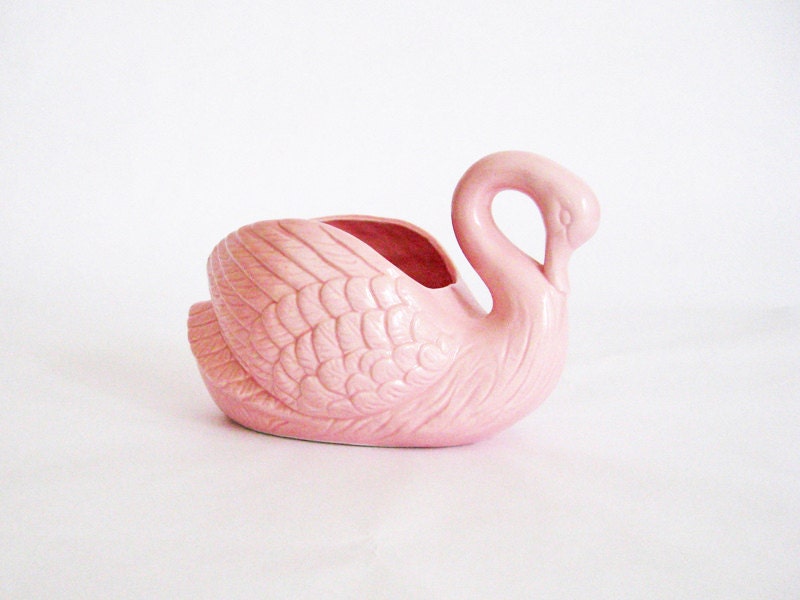 Vintage PINK SWAN Planter - Shabby Chic Pink Pottery - Cottage Decor