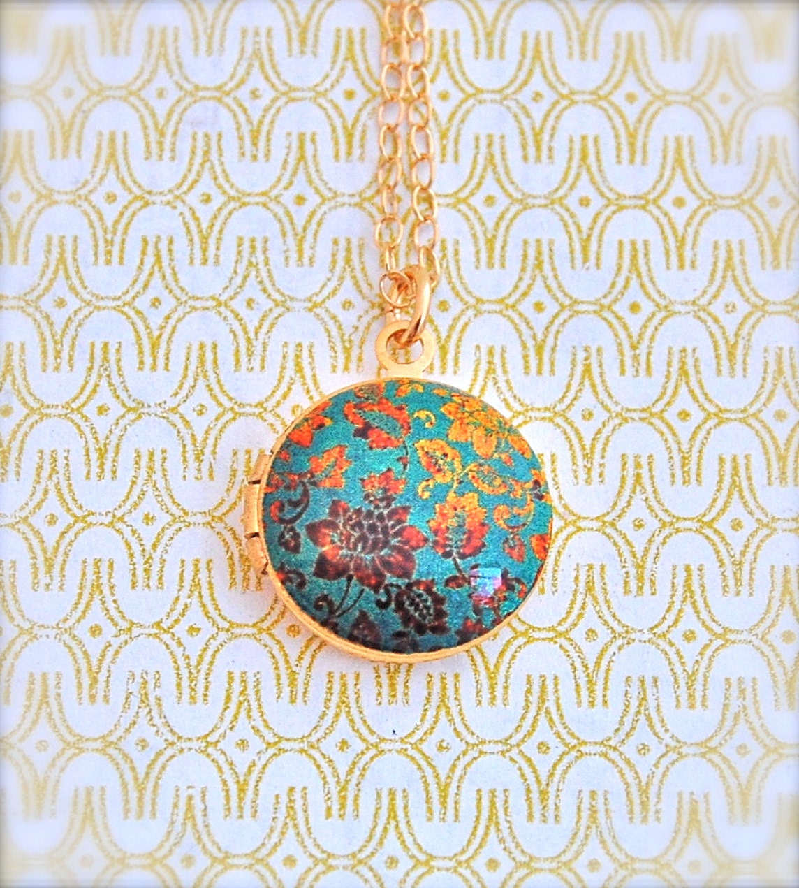 Small Locket Necklace Vintage Inspired Turquoise and Gold Floral Wallpaper Print