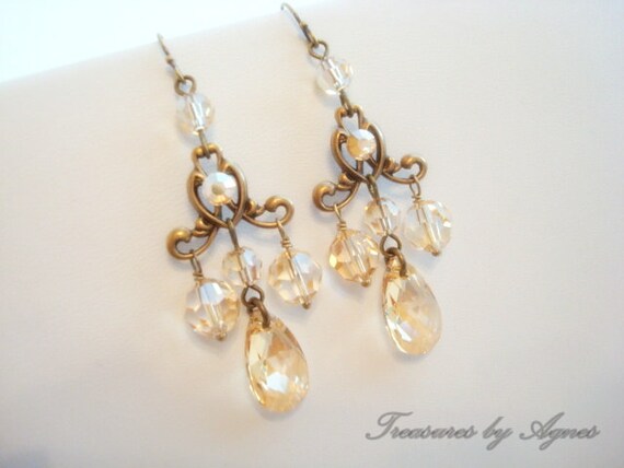 Wedding earrings, bridal earrings, chandelier earrings, vintage style earrings, wedding jewelry, antique brass, Swarovski golden shadow