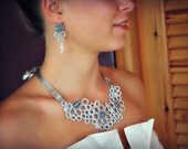 Bridal Crochet Necklace and Earrings. Sterling Silver. Romantic Lace Bib with Labradorite and Pearls. Silver Grey. One of a Kind