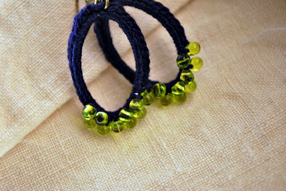 Dark Blue and Lime Green Beaded Oval Crochet Earrings So Chic. Lightweight Jewelry