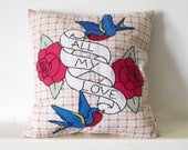 Retro Applique Throw Pillow with Rockabilly Swallow & Rose Tattoo - Made to Order