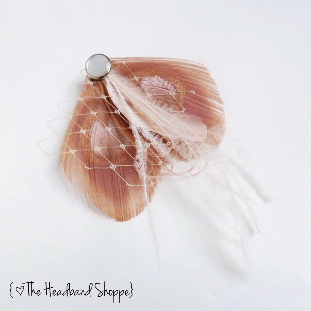 MAGGIE - Blush Pink Peacock Hairclip with ivory birdcage veiling