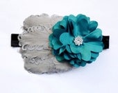 Grey and Teal Blue Baby Childrens Feather Headband - Photo Prop