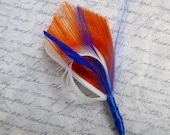 Wedding Grooms Peacock Boutonniere Orange, Royal Blue, and Ivory Grooms Lapel Pin Buttonhole - SPICE