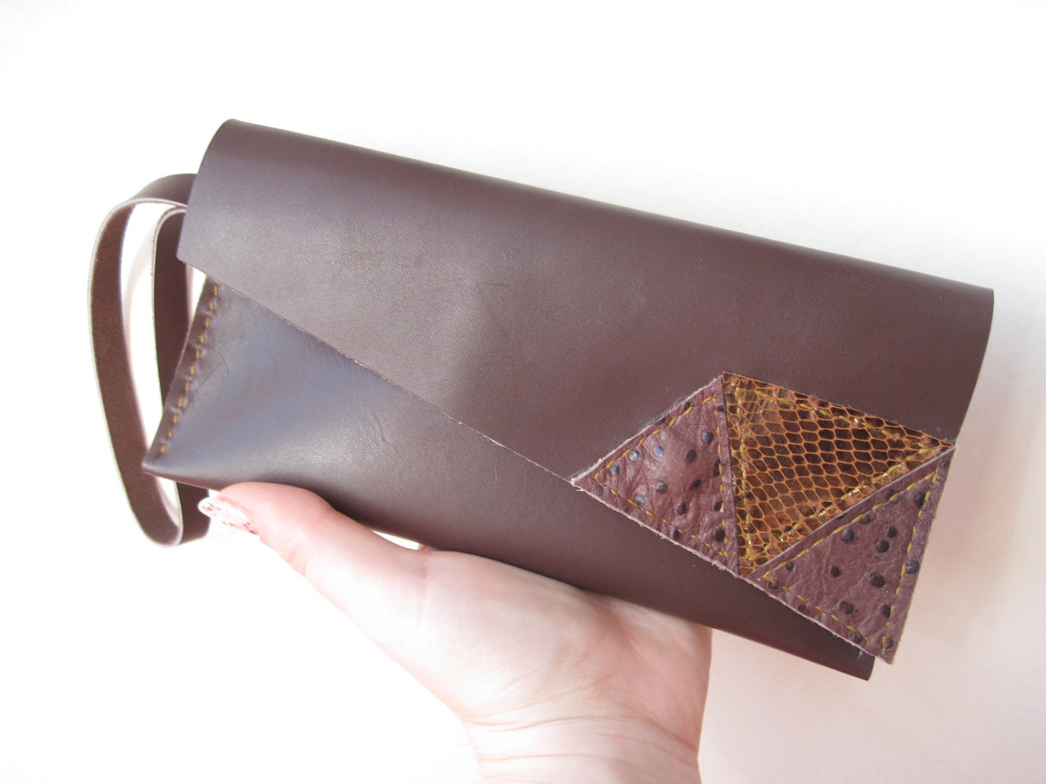 Brown Assymmetrical Leather Clutch