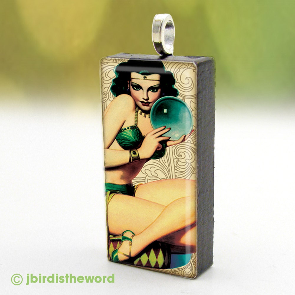 Fortune Teller pendant on upcycled domino