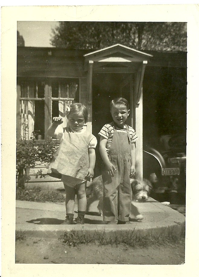 RESERVED TR-Cutest Kids in Shady Glen in 1945 Showing off the Neighbor's Dog