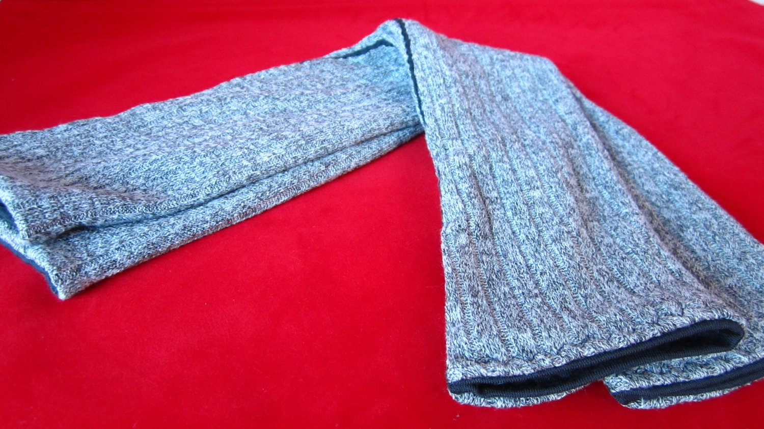 Handmade Pair of Fingerless Gloves/Arm Warmers/Heather Grey Sweater Knit with Dark Blue on Inside/Reversible/Ex-long Length