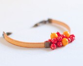 Charm Bracelet - orange ribbon with cherry red  and orange glass beads - statement jewelry - glass jewelry - Mother's Day Gifts