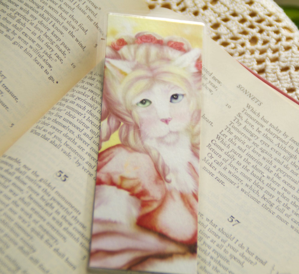 White Cat Bookmark, Jane Bennet Cat in Regency Dress, Laminated Paper Bookmark