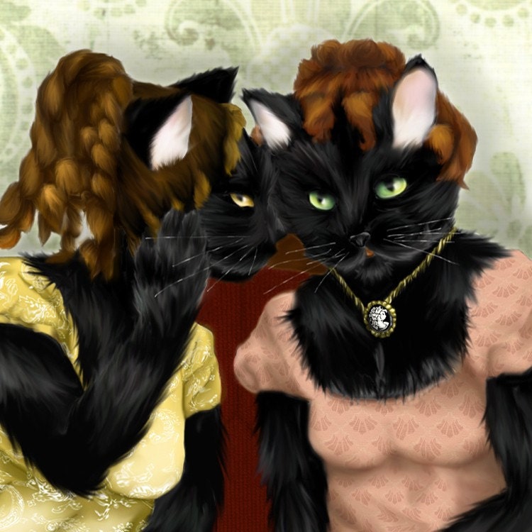Cat Art, Cat Ladies in Regency Gowns Best Friends Gossiping 8x10 Art Print