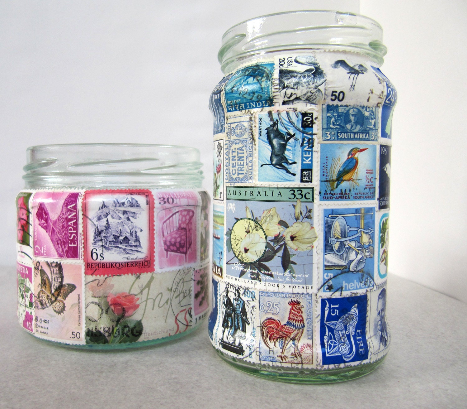 Stamp Lamp - upcycled glass jar tealight candle holder OOAK - blue