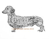 Dachshund Art Print Wiener Dog Art Calligram Drawing, Wiener Dog Art Typography Illustration or Calligraphy Drawing Animal Calligram