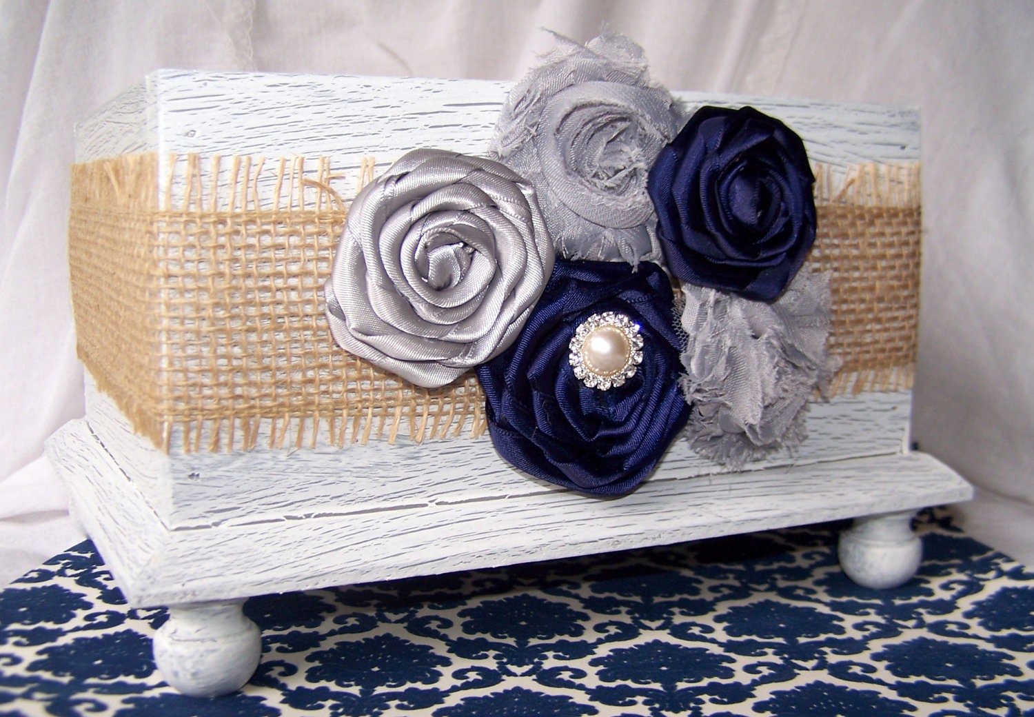 Wedding Card BOX -  Burlap, Navy, Silver and Gray, Modern Shabby style,  White Shabby Chic Box, Custom colors available