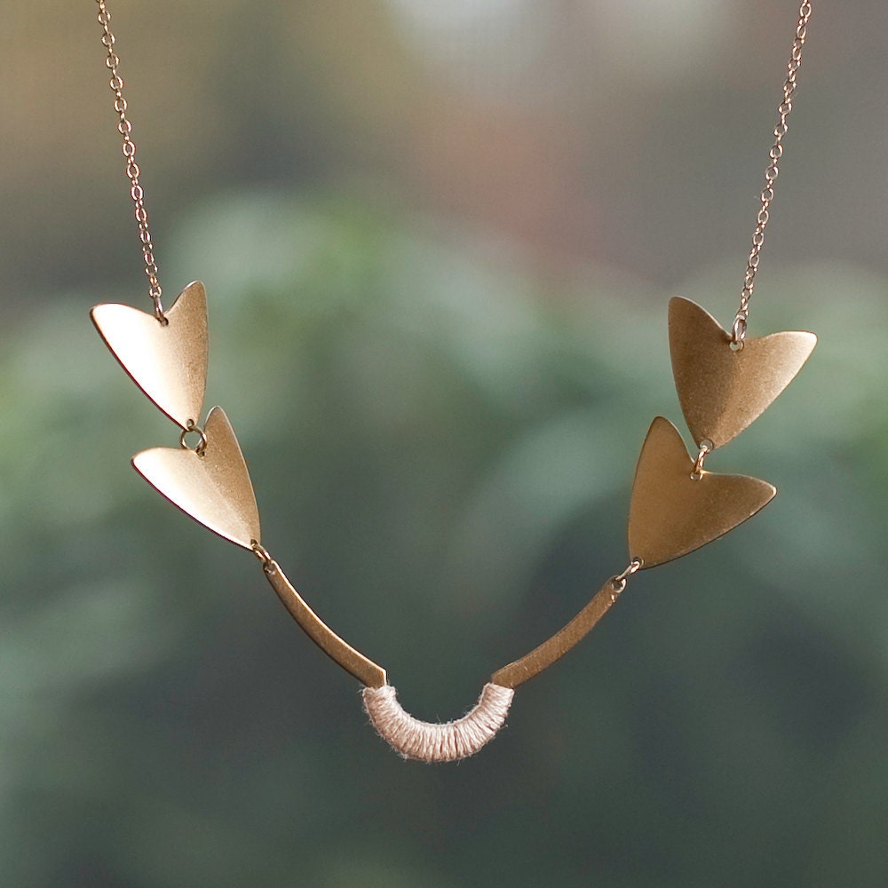 Brass Arrow Necklace with Soft Pink Thread Accent on a 14k Gold Filled Chain