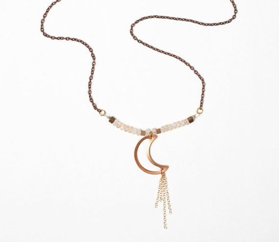 Frosted Peach Rondelle Glass Crescent Moon Necklace on Copper Cable Chain