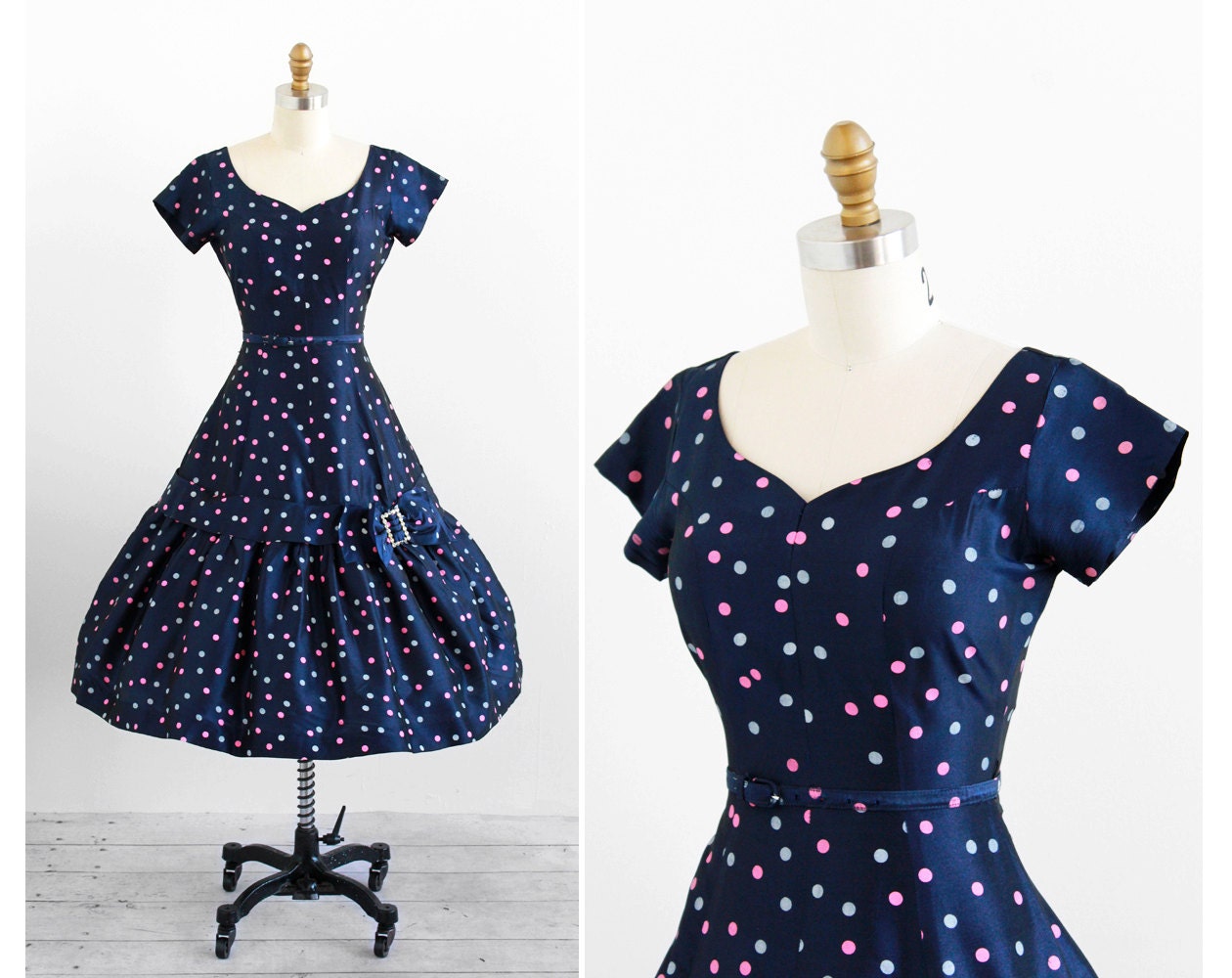 vintage 1950s dress / 50s dress / Blue and Rainbow Polkadot Party Dress with Bow