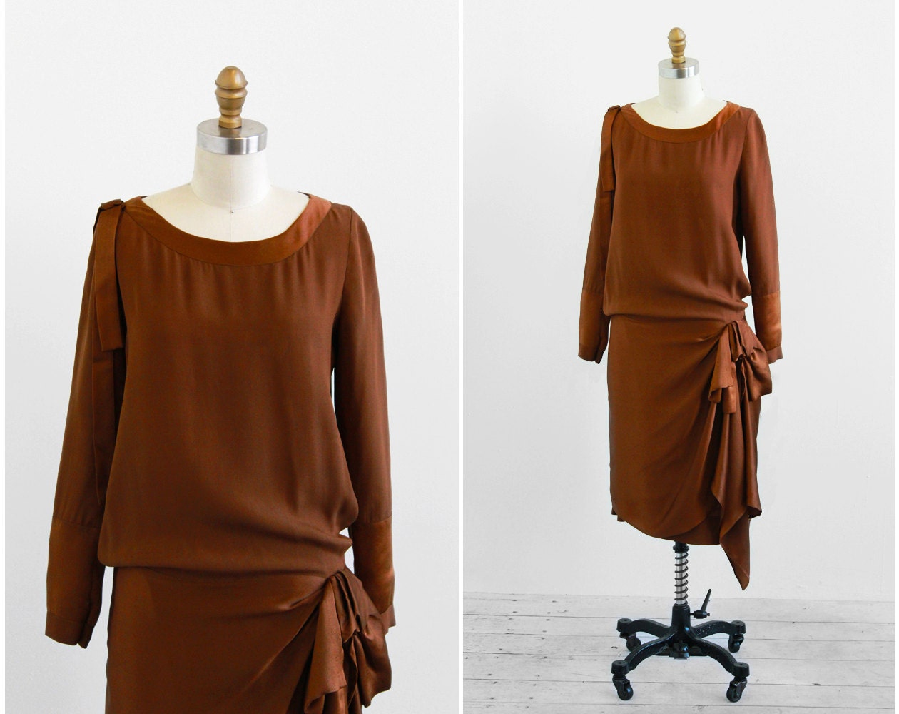 vintage 1920s dress / 20s dress / Brown Silk Gatsby Flapper Dress with Darling Bow