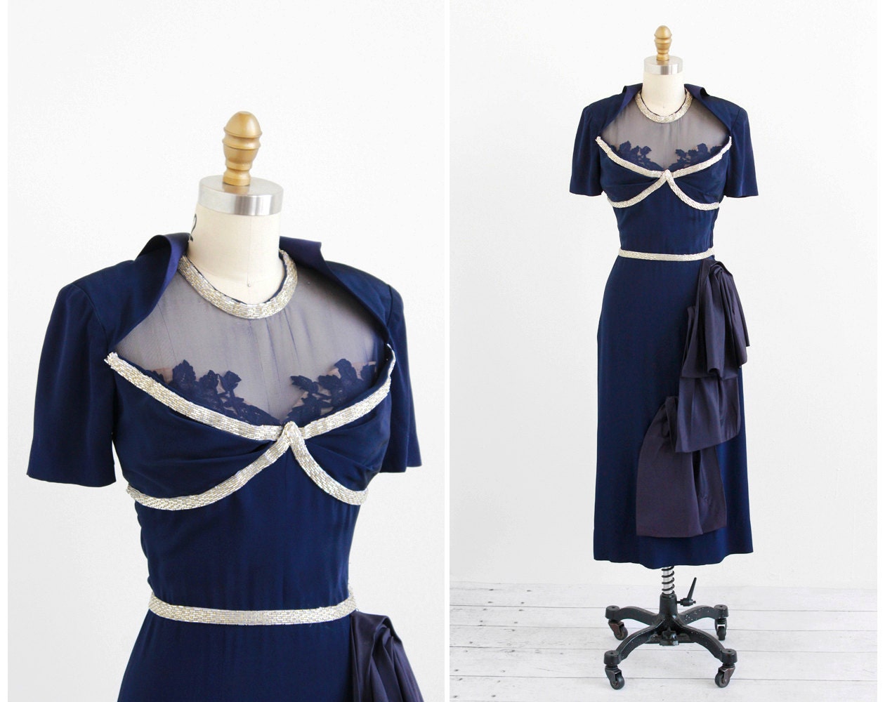 r e s e r v e d - vintage 1940s dress / 40s dress / Navy Blue Beaded Illusion Neckline Evening Dress with Hip Swag / custom designer couture