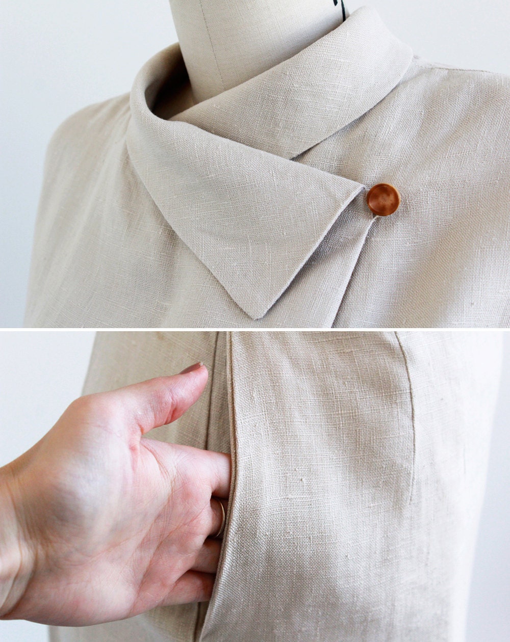 vintage 1940s dress / 40s dress / Natural Linen Wiggle Dress with Asymmetrical Collar