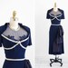 r e s e r v e d - vintage 1940s dress / 40s dress / Navy Blue Beaded Illusion Neckline Evening Dress with Hip Swag / custom designer couture