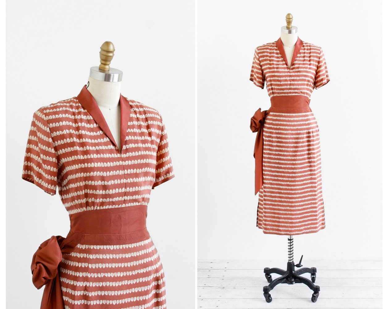 vintage 1940s dress / 40s dress / Brown and White Leaf Print Silk Dress with Bow