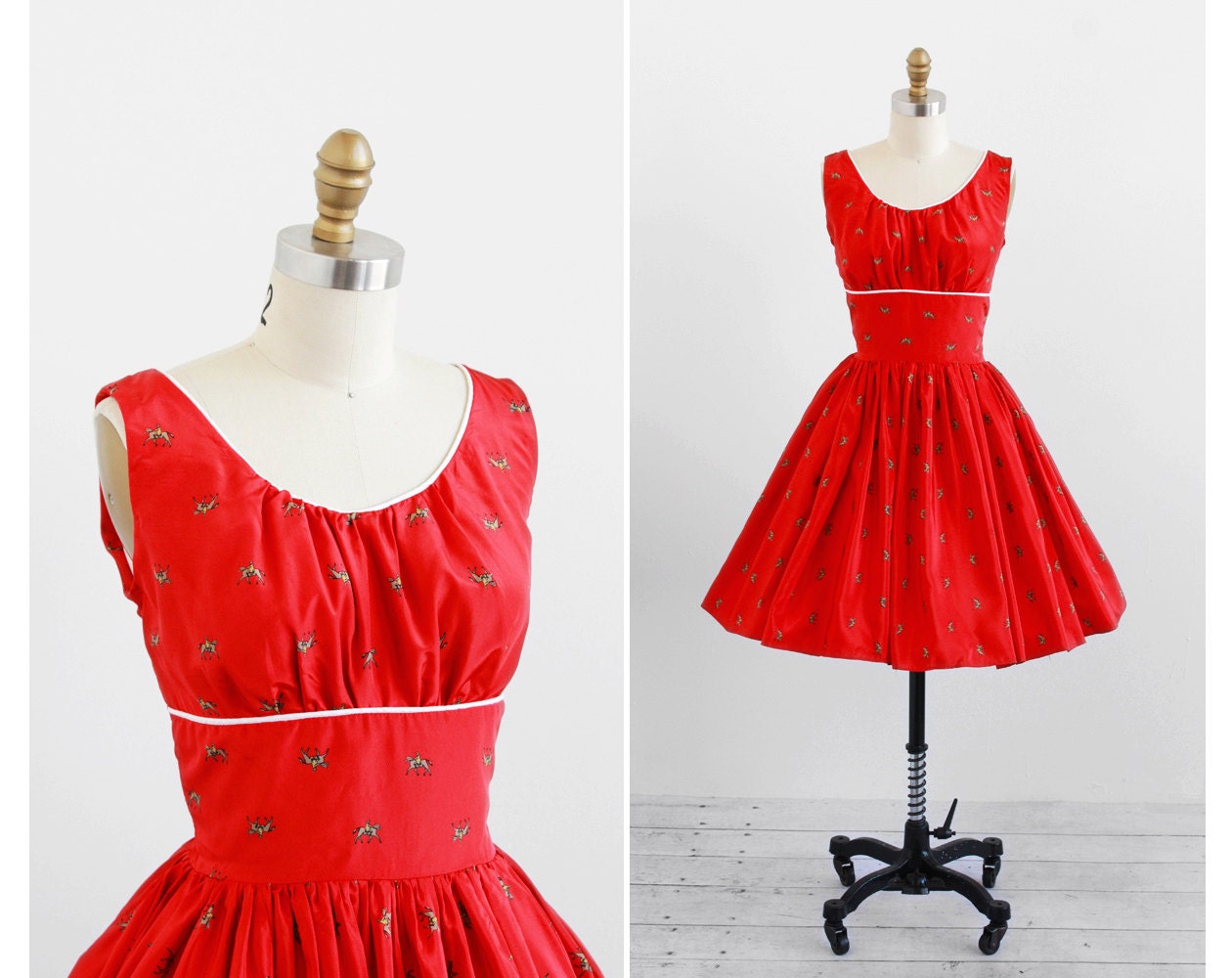 vintage 1950s dress / horse print dress / 50s Red Horse Print Party Dress