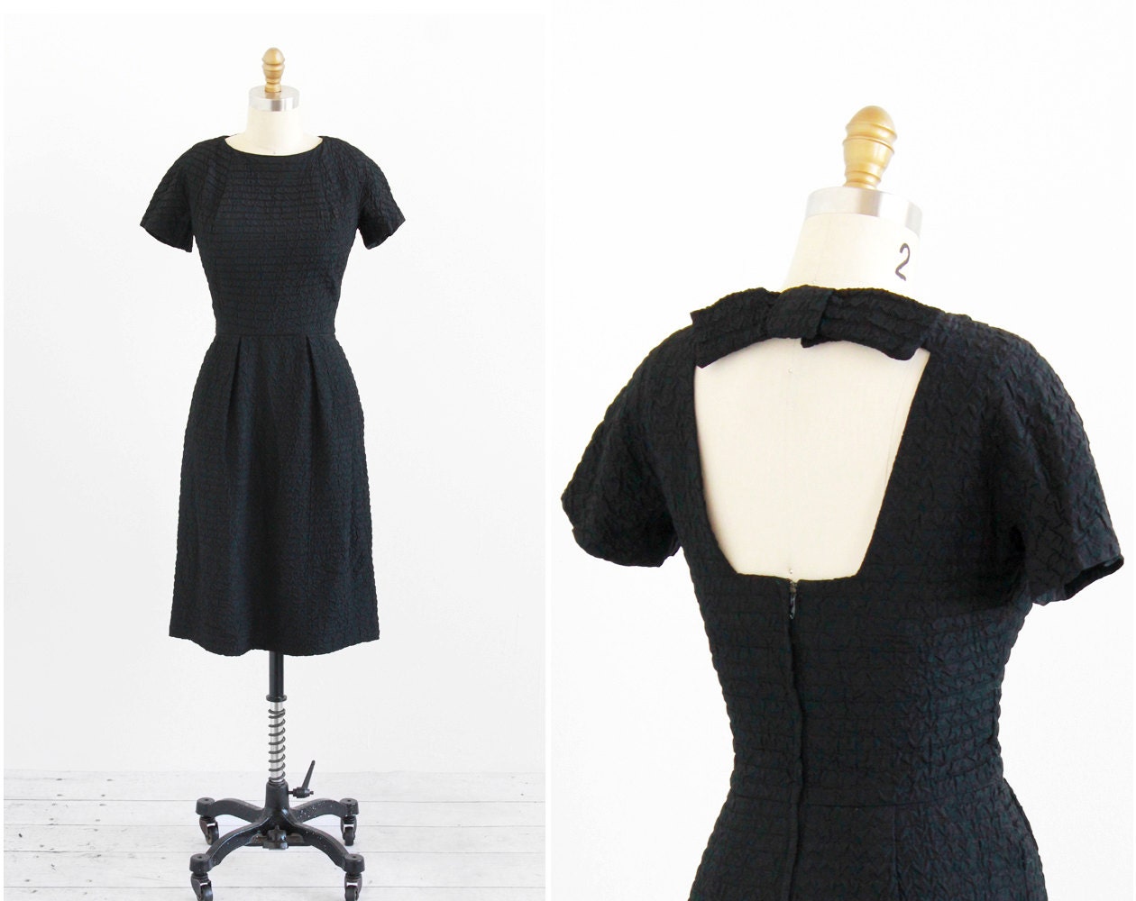 vintage 1950s dress / 1960s cocktail dress / Little Black Cutout Back Audrey Hepburn Bow Dress