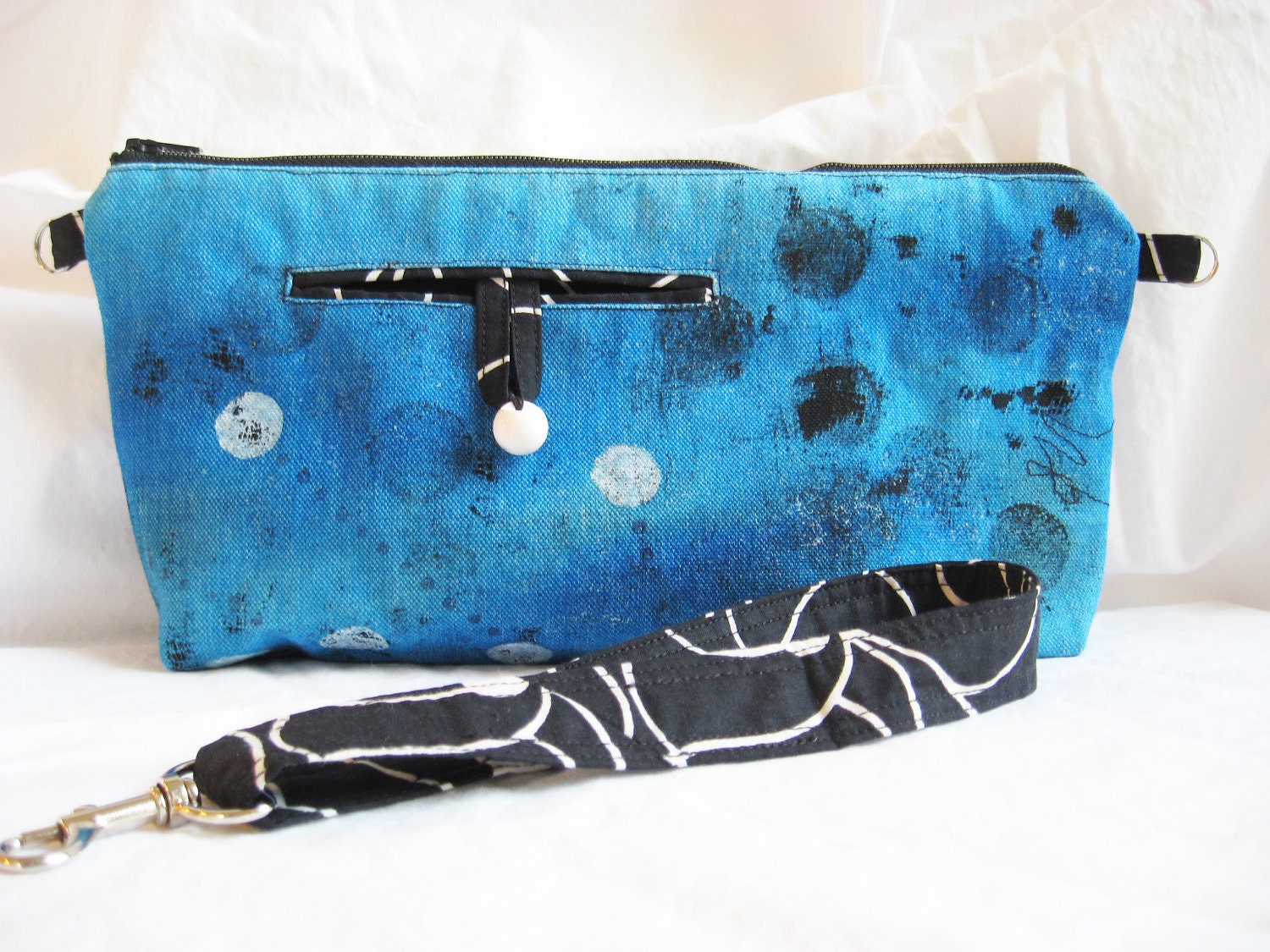 Canvas Bag Pencil Pouch Blue Black White Circles and Dots OOAK