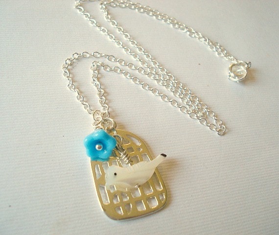Bird Necklace, Graduation Necklace Be Free Birdcage Necklace Day Jewelry Turquoise Flower