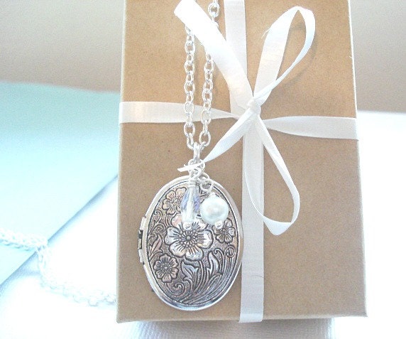 Locket Silver Locket Necklace Cherry Blossom Necklace Oval Locket Engraved Locket