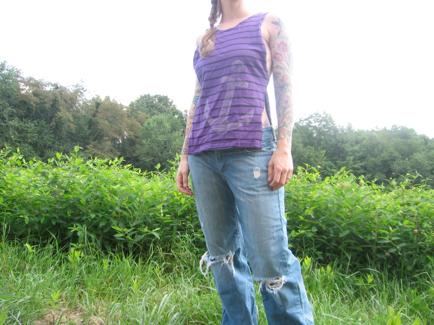 Upcycled Top - Reconstructed Tshirt into Tank - Purple and Black Striped - Anchor Nautical Star Print