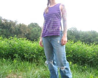 Upcycled Top - Reconstructed Tshirt into Tank - Purple and Black Striped - Anchor Nautical Star Print