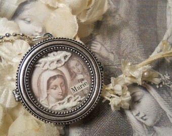 Religious French Themed Silver Locket Necklace
