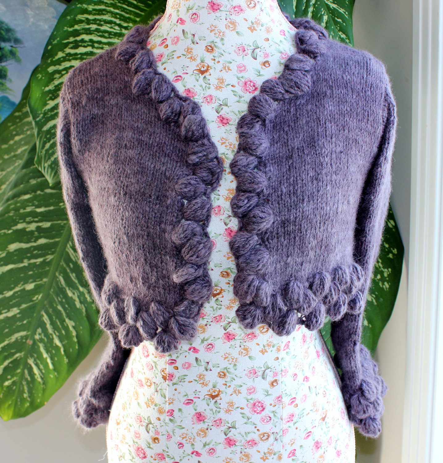 Ready to ship / Dusky Mauve Crochet with Walnut Stitch / Handmade knitted BOLERO with handspun angora yarn/ fit size SMALL