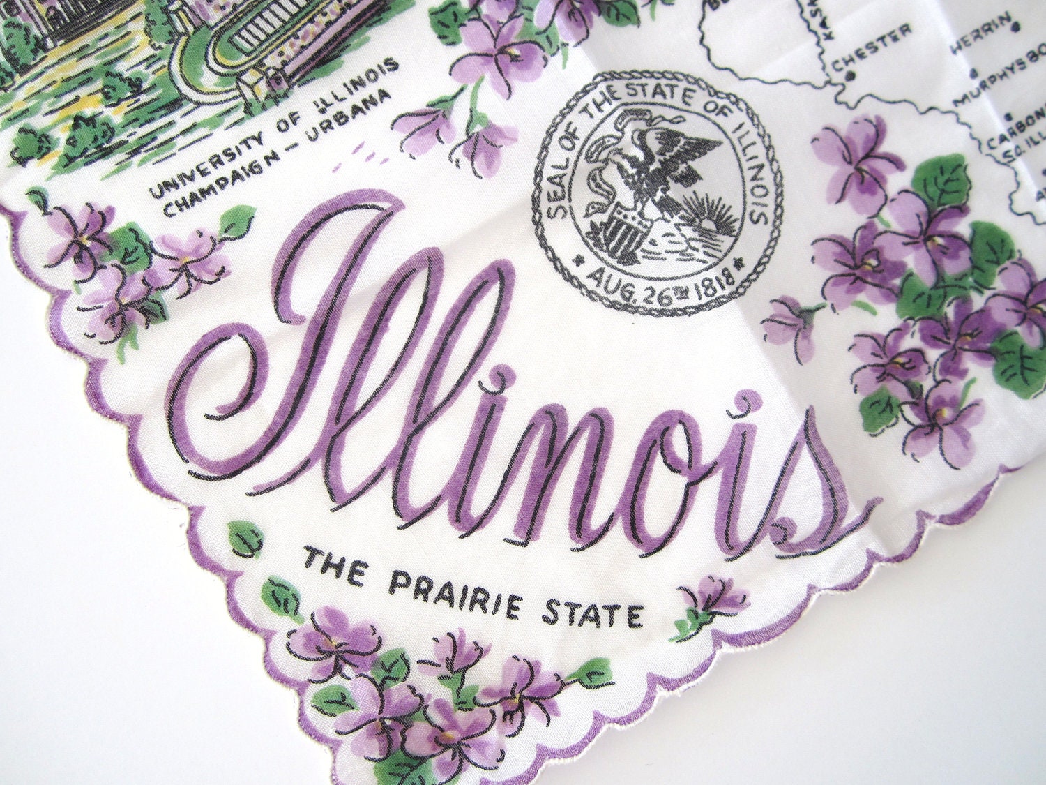 Vintage Hankie ILLINOIS State Handkerchief Violets