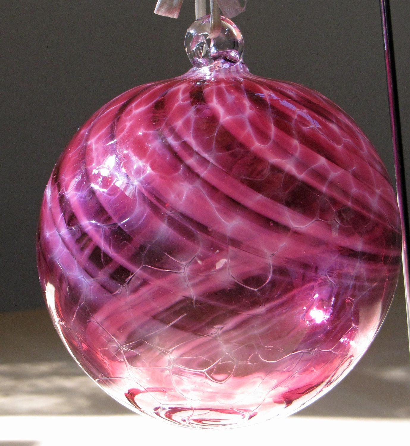 Hand Blown Glass Large Cranberry Raspberry Swirl Ornament Suncatcher