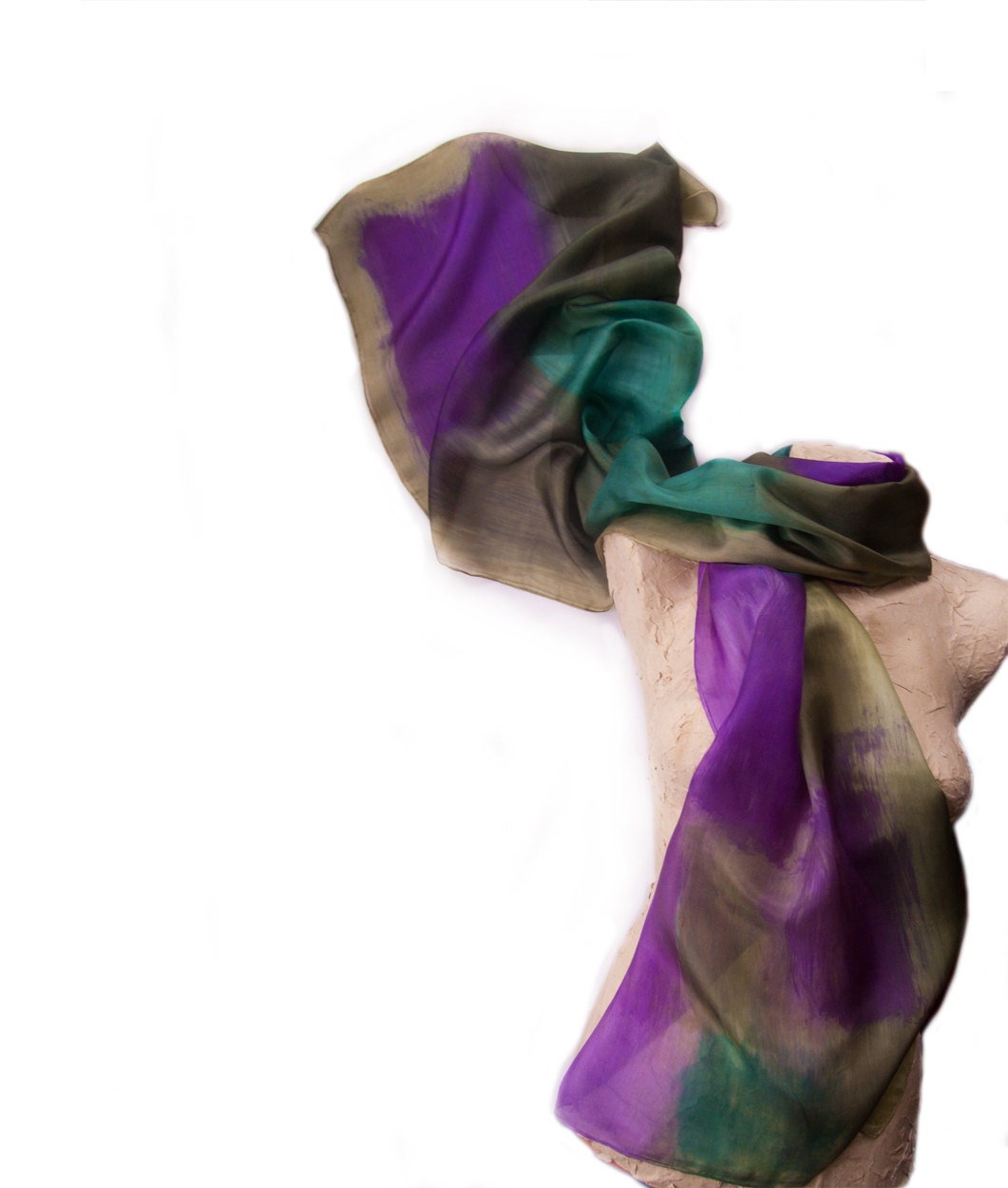 Hand painted silk scarf. Purple,teal and military green silk scarf. Abstract silk scarf. Luxury handpainted silk scarf by Dimo OOAK - klaradar