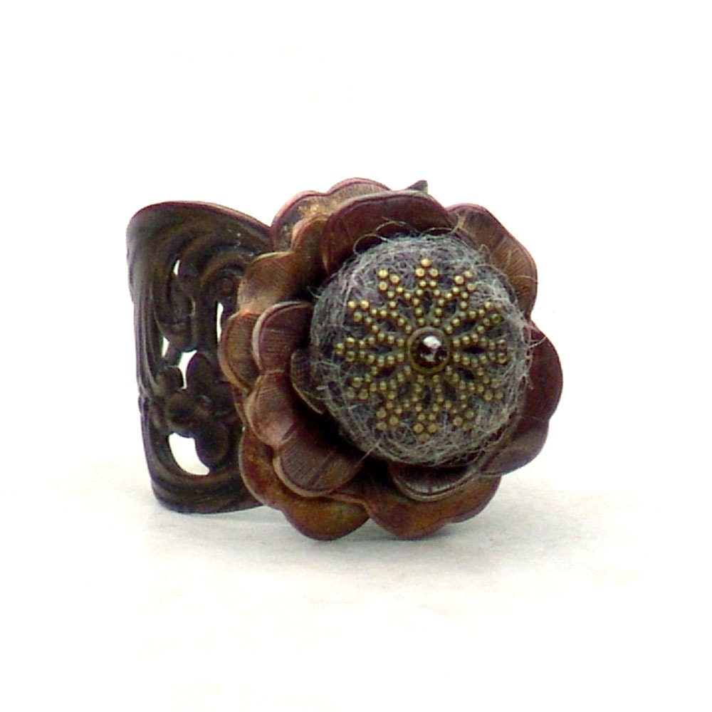Earthy Flower Cocktail Ring Chocolate Gray Heather Fairy Rose -Metal Adjustable Brown Mixed Media Rustic - galleryzooartdesigns