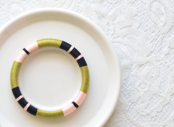 Olive.Blush Pink. Black Stackable Thread Wrapped  Bangle - no. 512C