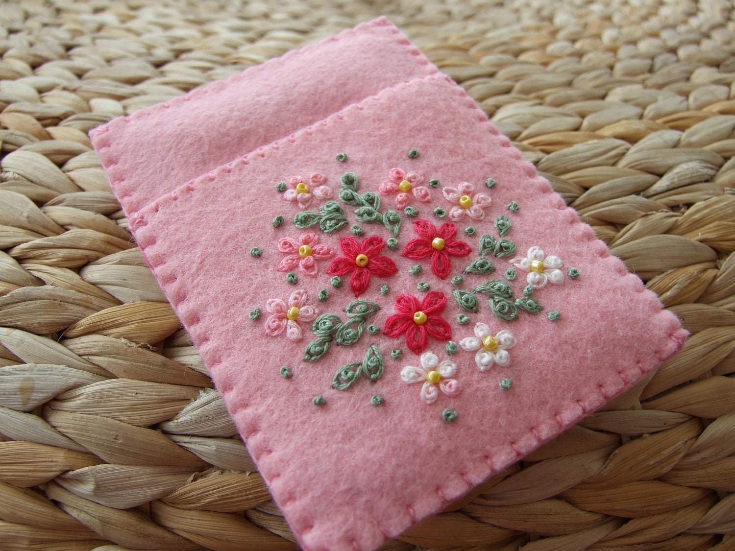 Pretty Pink Felt Hand Embroidered Card Case