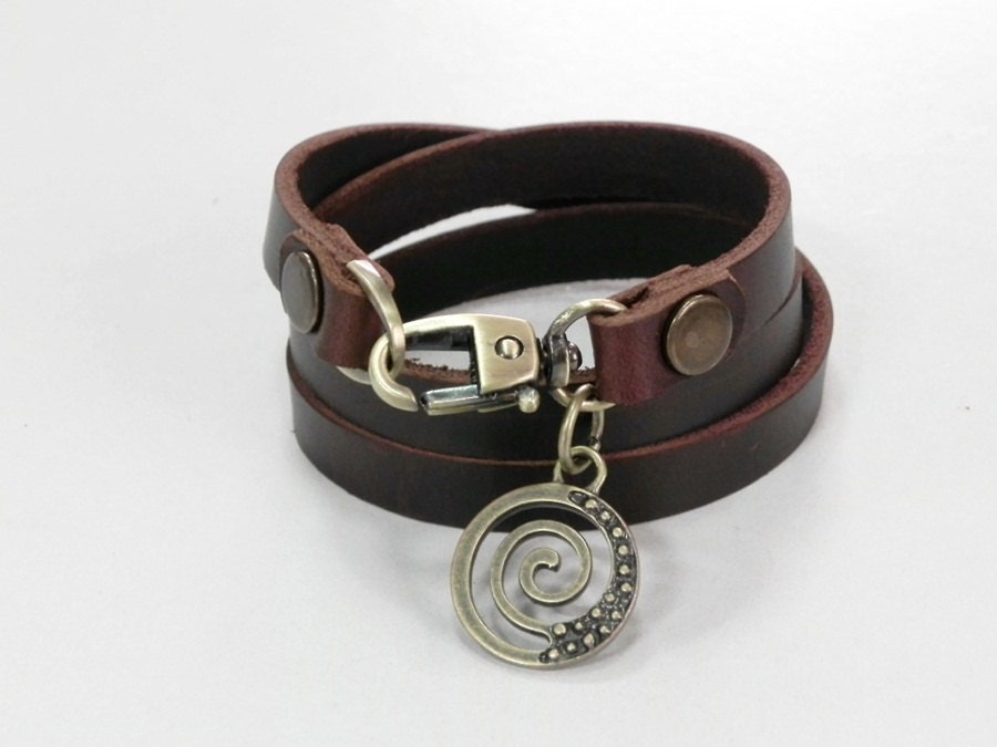 Leather Bracelet Leather Charm Bracelet Brown Color with Metal Spiral Coin Charm