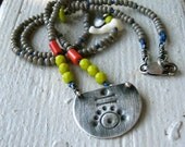 Sterling Silver Stamp Textured Beaded Necklace with Chartreuse, Coral, and Gray Seed Beads