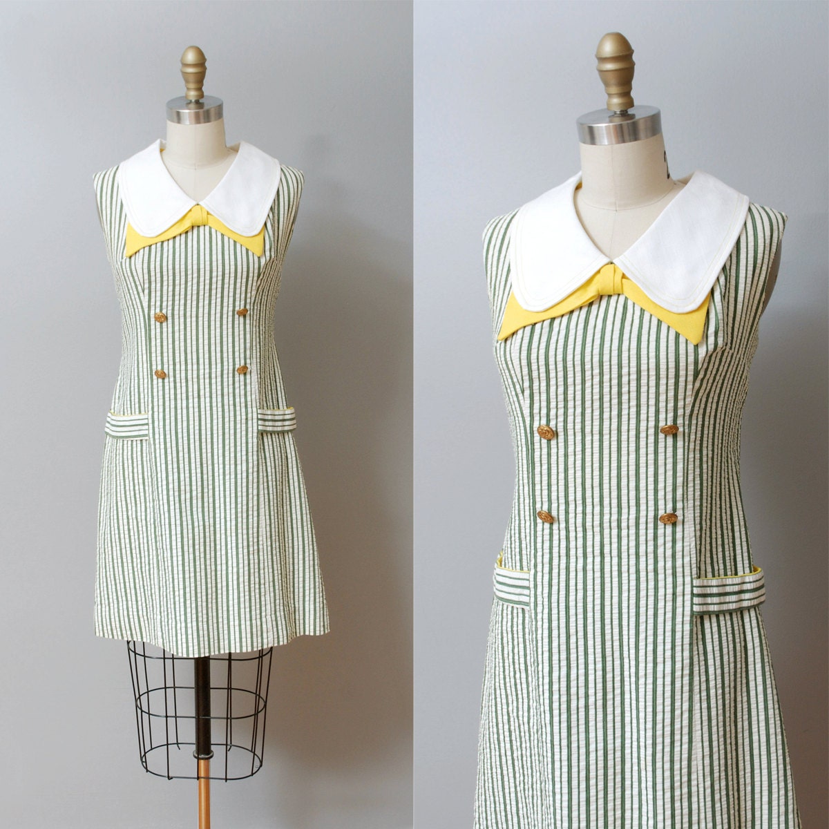 1950s Dress - Green Seersucker Scooter Dress
