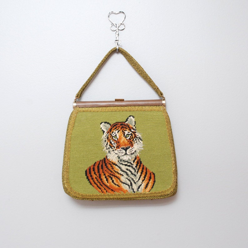1960s Handbag - Olive Green Cross Stitch Tiger Purse