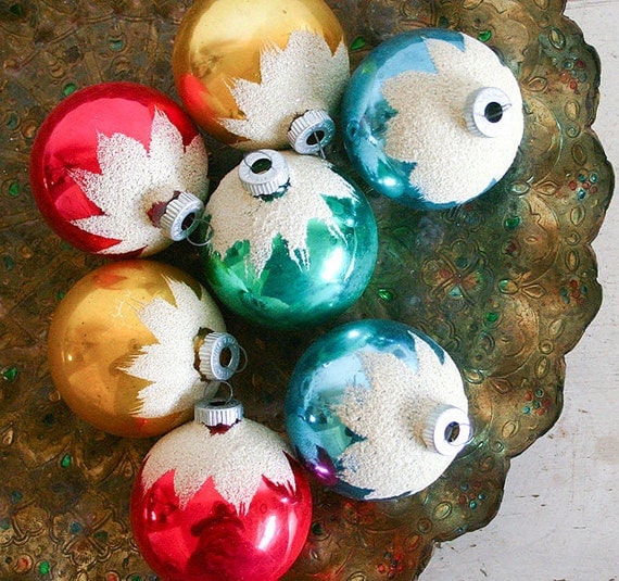 Vintage Christmas Ornaments with White Flocking - Shiny Brite