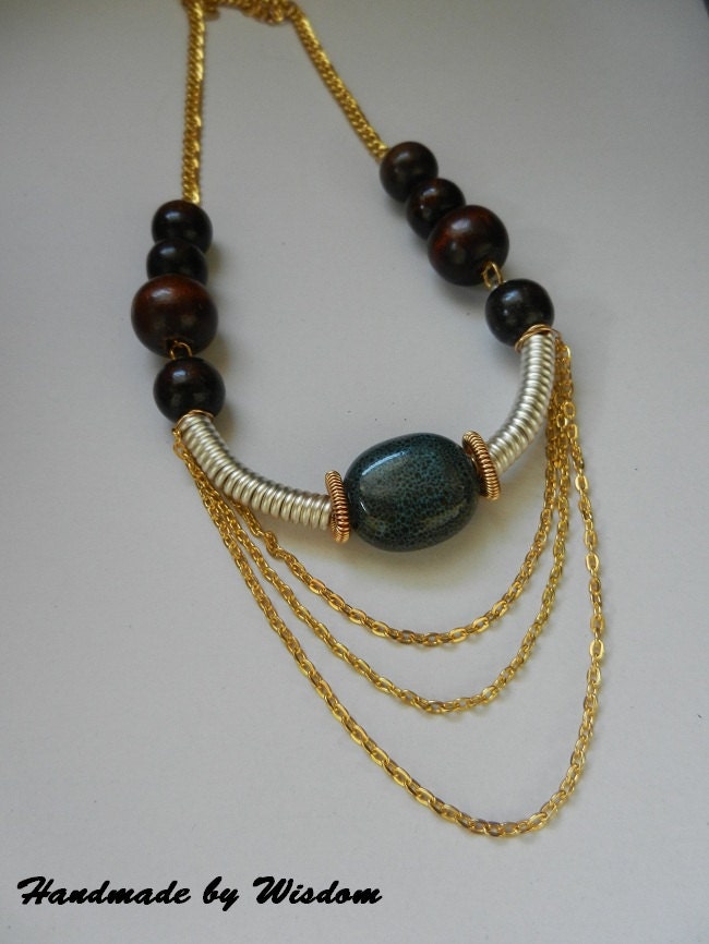 Gold and Silver Statement Necklace w/wood beads